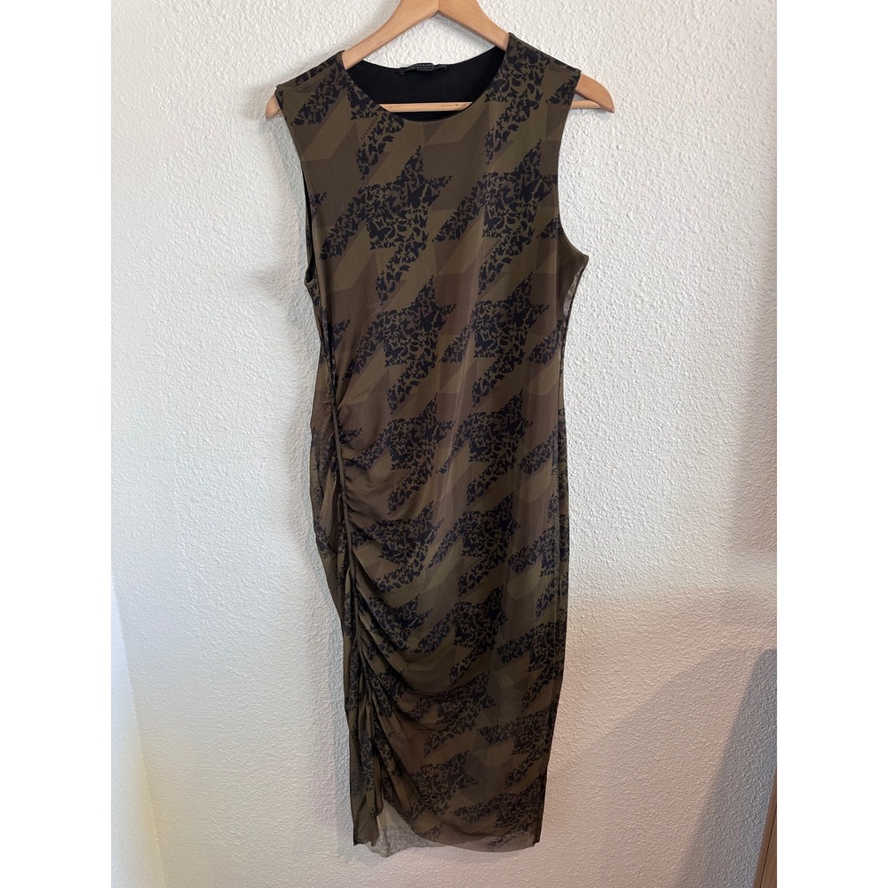 AllSaints Women Olive Green Mesh Houndstooth Floral Ruched Midi Dress US 10 - Picture 4 of 7